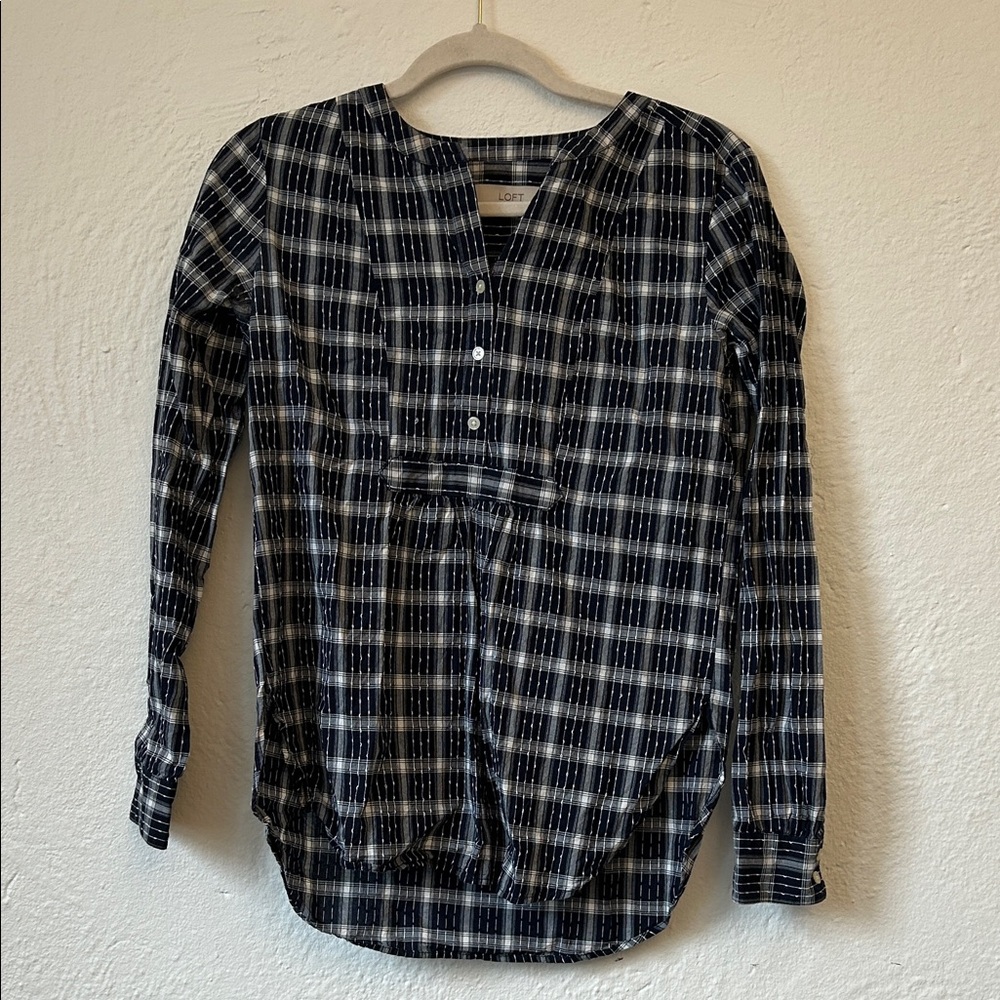 LOFT Black and White Plaid Long-Sleeve Henley Tunic